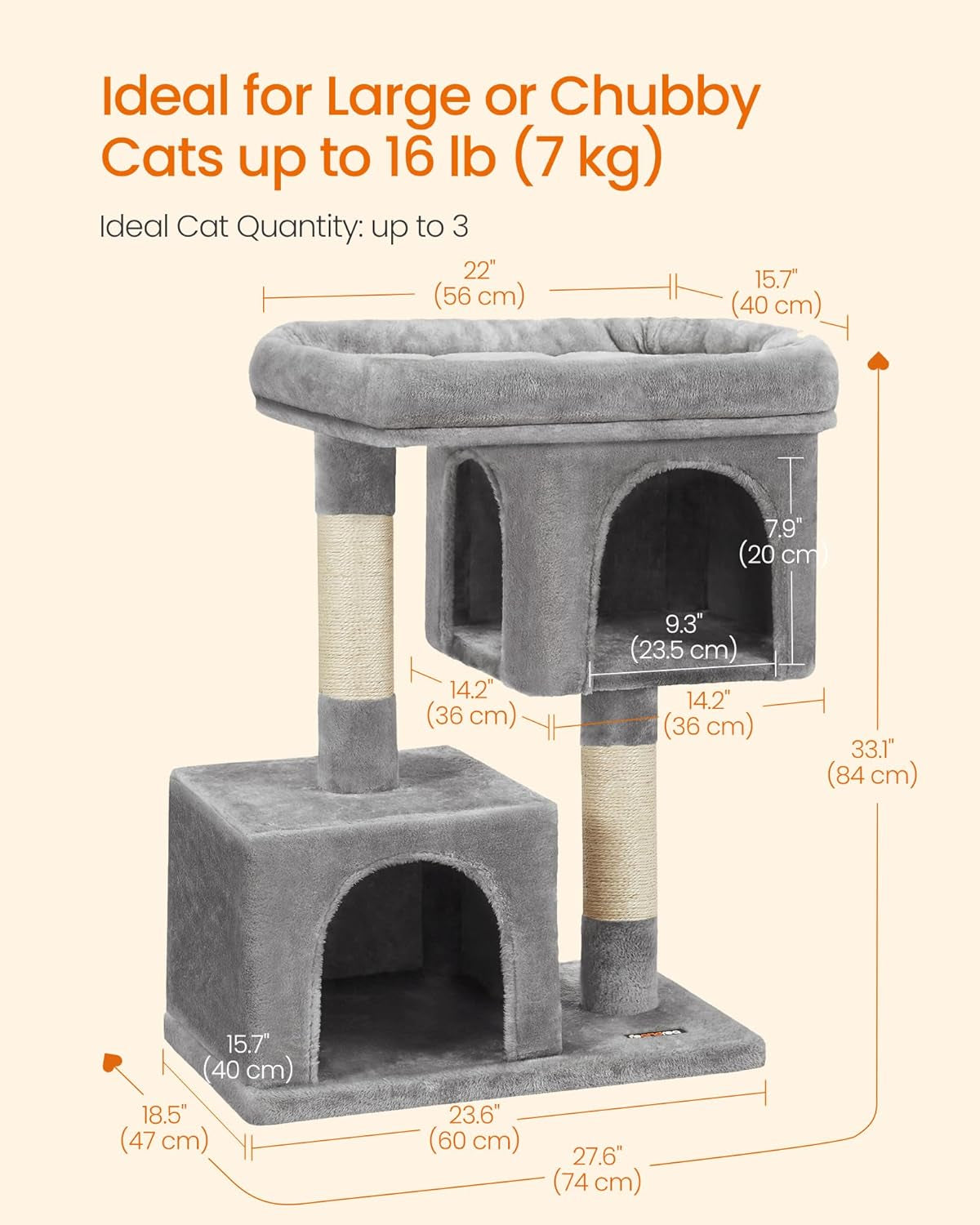 Cat Tree, 33.1-Inch Cute Cat Tower, Plush Kitten Condo, Light Gray